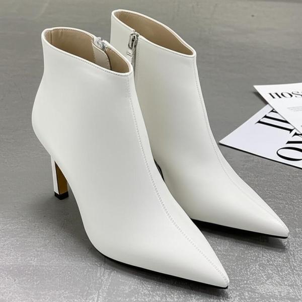 White Pointed Toe Ankle Boots with 3 Inch Heel