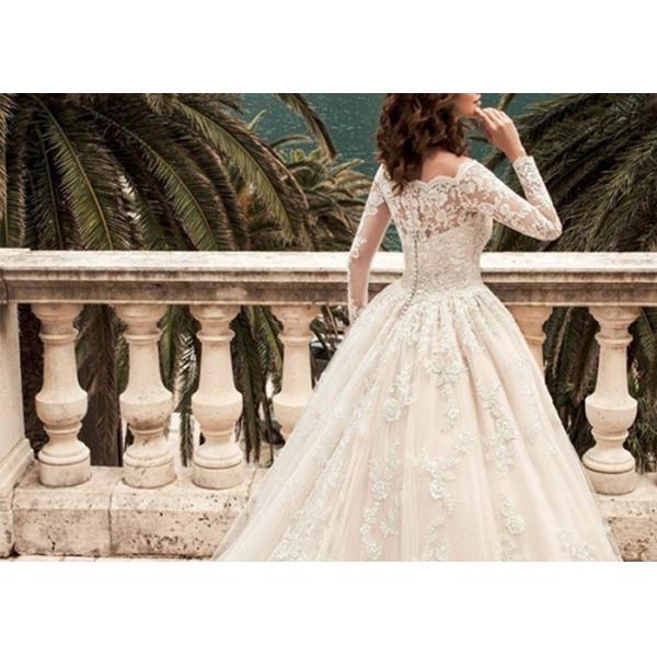 White Lace Elegant Long Sleeve Wedding Dresses Beaded Belt Floor Length
