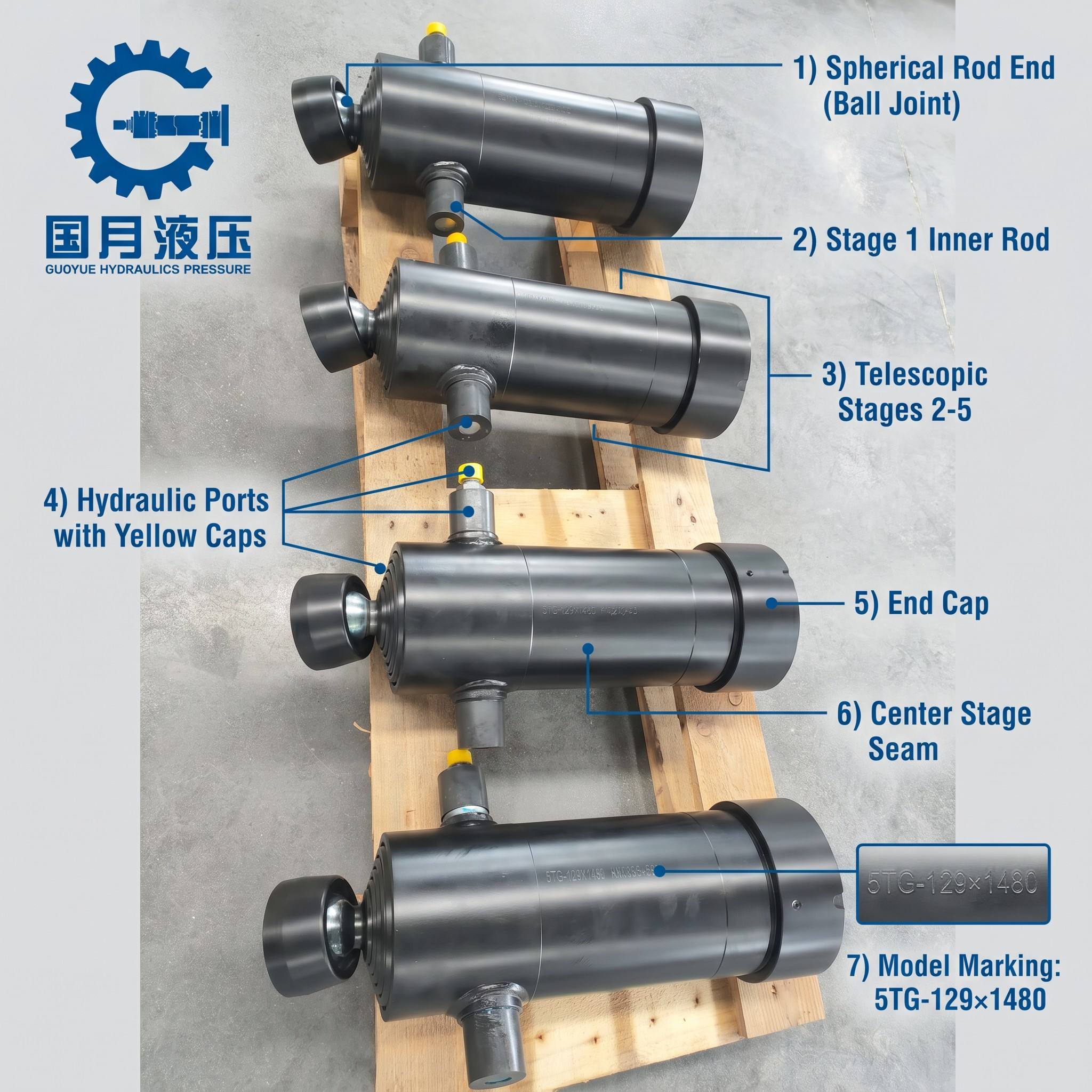 Guoyue Hydraulics 5TG Series 5-Stage Double-Acting Telescopic Hydraulic Cylinder for Lift Truck — 129mm Outer Bore, Ball Joint Rod End, Up to 1480mm Stroke Per Stage
