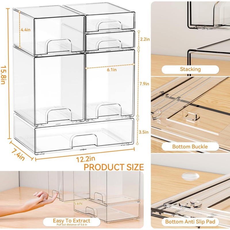 Multi-Tier Clear Makeup Organizer Detachable Stackable Desktop Storage Box Dustproof Cosmetic Display Case with Drawers for Home