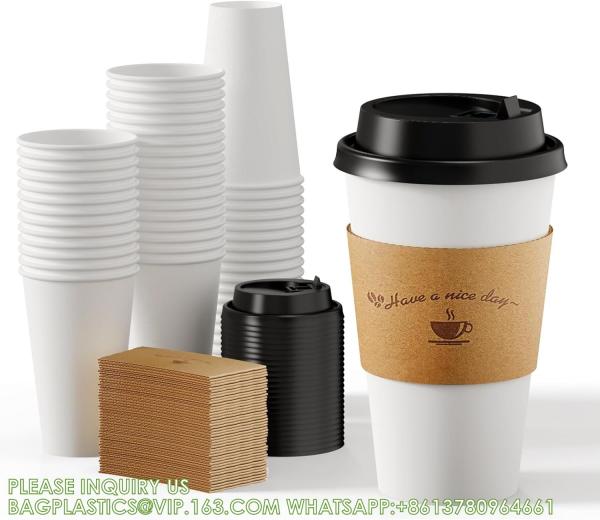 Paper Coffee Cups 16 Oz, Disposable Coffee Cups With Lids And Kraft Sleeves, White Coffee Cups For Hot & Cold Drinks
