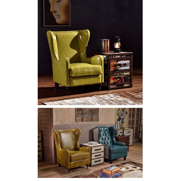 Nidea #8881 Traditional Design Handmade Genuine Leather Upholstered High Back Wing Chair with Wooden Frame for Bedroom Coffee Shop Hotel