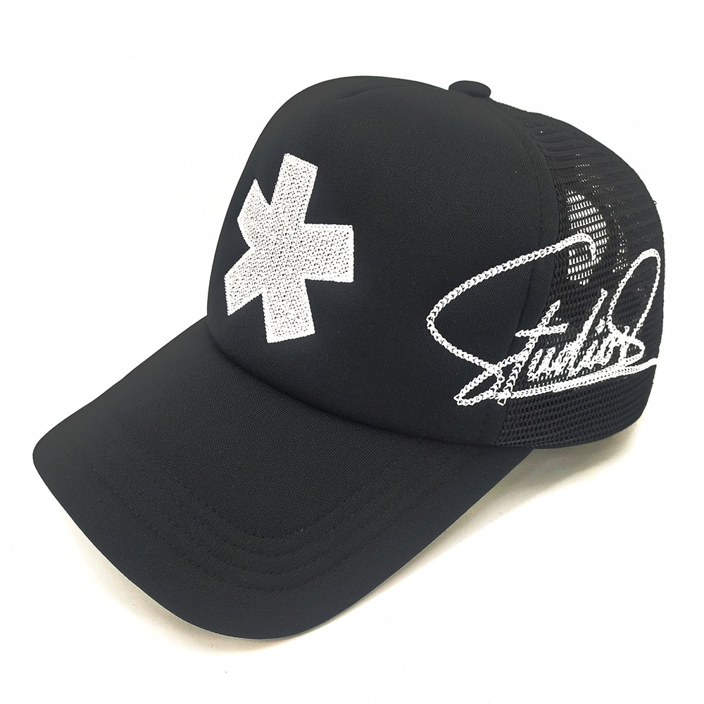 Loose Full Foam Mesh Custom Embroidery Trucker Hats Black Embroidered White Thread
