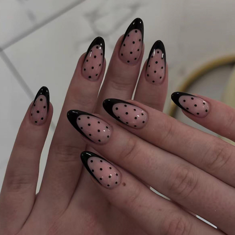 Almond Pattern Press On Nails Black And Pink Polka Dot Nails French Tip