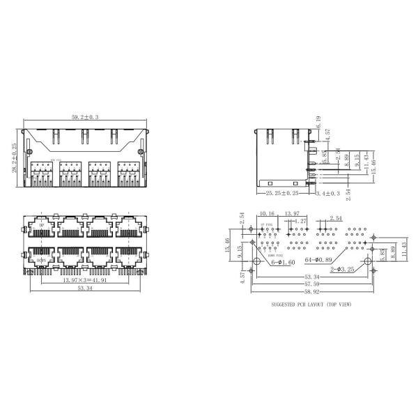 74633-004RLF 2X4 Multi - port Rj45 Connectors 8P8C Shielded LPJE308CNL