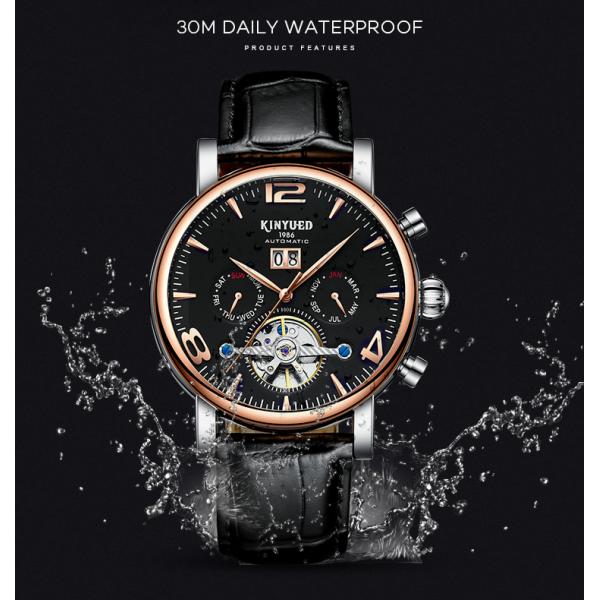 Auto Date Mens Mechanical Watches Black Genuine Leather Wrist Watch