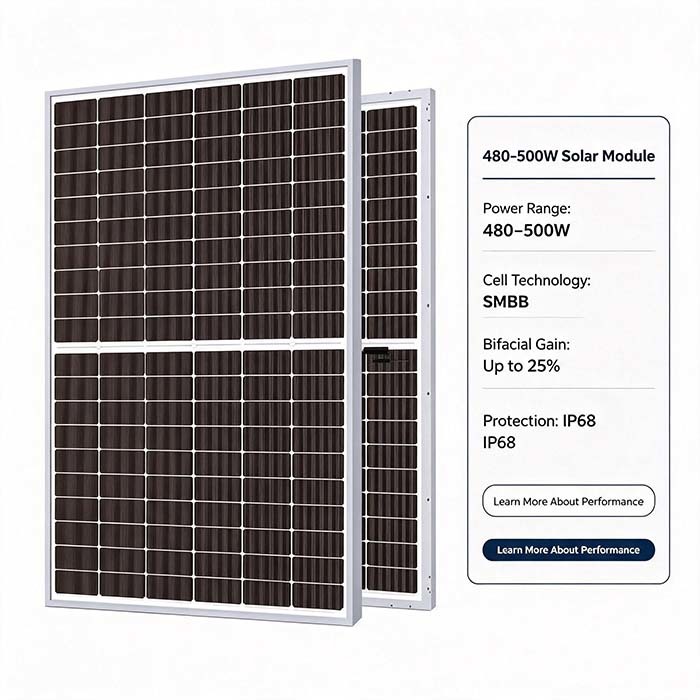 480W‑500W Dual‑Sided Solar Panel, Up To 25% Rear‑Side Extra Power Gain