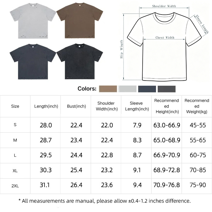 Ripped Wash Basic Crew Neck Tee Grunge Loose Fit T Shirt 275GSM