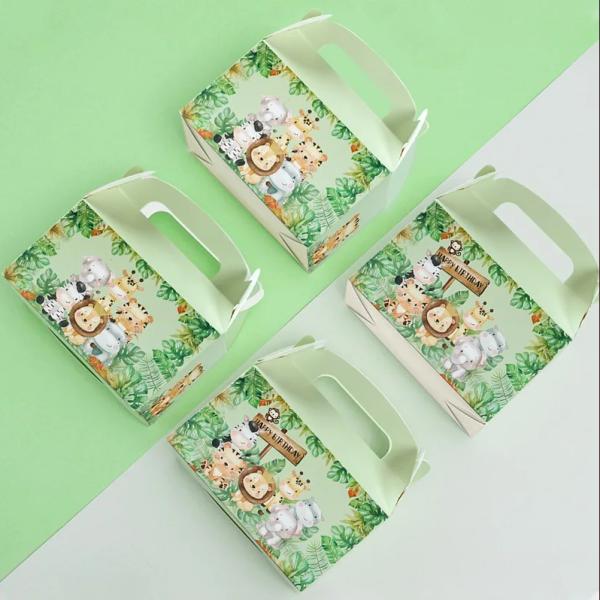 Custom Animal Print Handle Paper Box for Kids' Jungle Theme Birthday and Baby Shower
