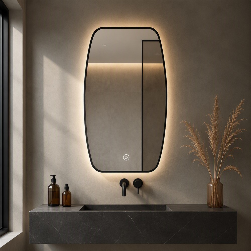 Organic Oblong Curved LED Mirror with Dimmable Backlight and IP44 Waterproof Copper-free Silver Glass