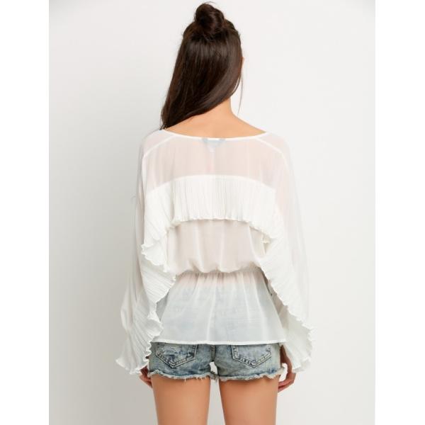 New Design Women Bat wing Long Sleeve Elastic Waist Ruffles Sheer Blouse Tops11