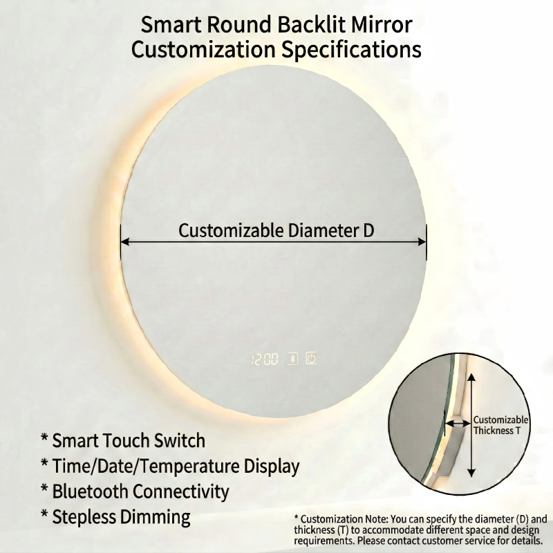 Kingstin Round Frameless LED Bathroom Mirror Backlit Anti-Fog Vanity Mirror with 3-Color Light Time Display Touch Control