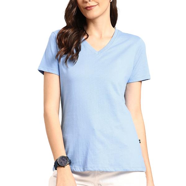 Hot Sale Custom Logo Blue Deep V neck Pure Cotton Short Sleeve Shirts For Women
