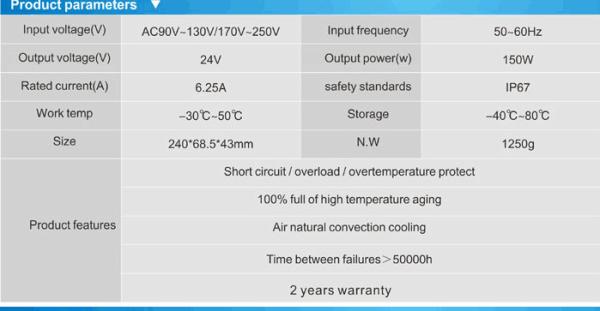 Transformador LED de alta qualidade, à prova d'água IP67 24v 150w, de alimentação, a venda