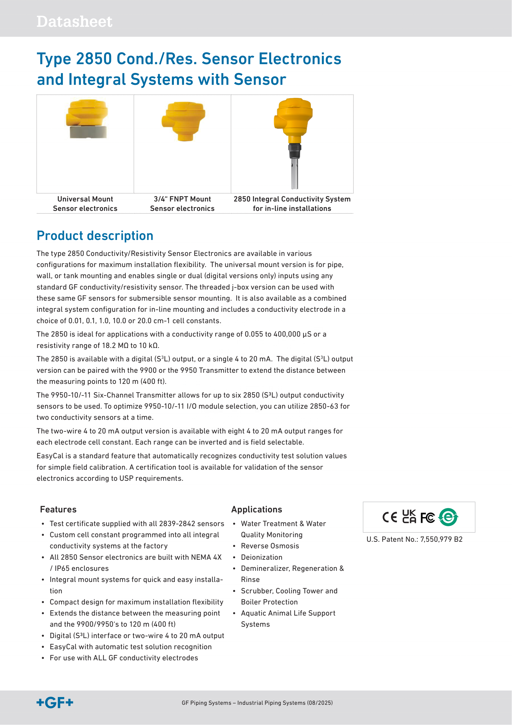 GF Signet Type 2850 Conductivity Resistivity Sensor for Water Treatment Monitoring with Plastic Material and Universal Motor Type