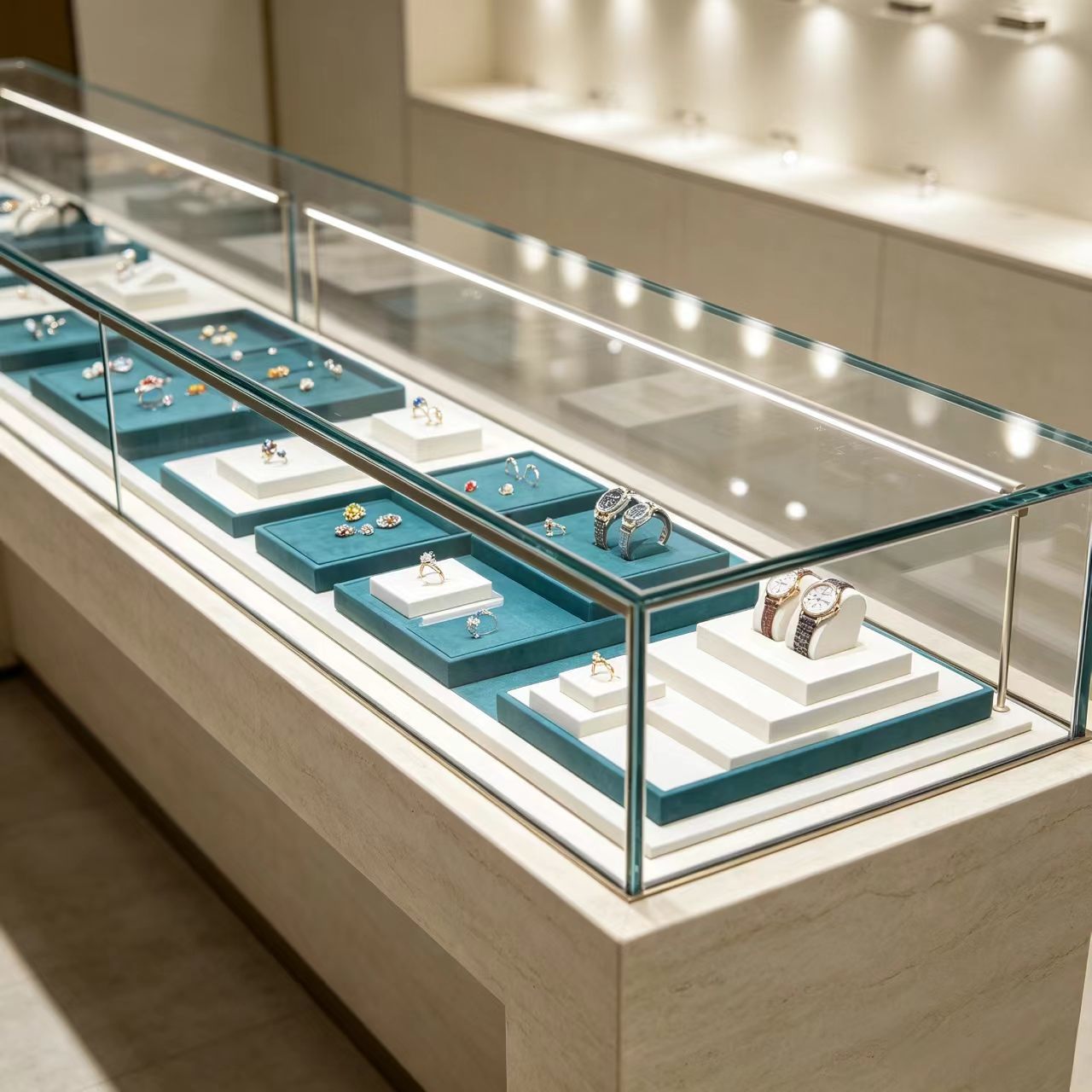 Assembly Required Jewelry Display Table with 12 Display Compartments and Clear Visibility Glass Shelving Jewelry Display Case