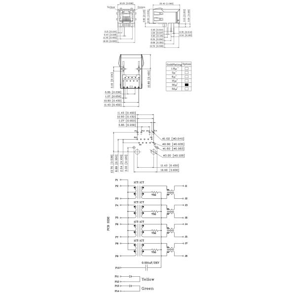 1G Tab Up Single Port Ethernet Lan Rj 45 Connector , Rj 45 Network Jack LED PA46 Housing