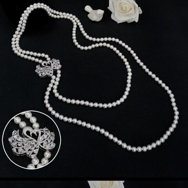 White 8mm Shell Pearl Double Strands Sweater Necklace with Cubic Zirocnia Swan Charm (SN702143SWAN)