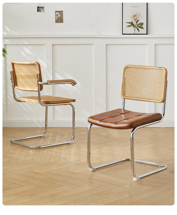 Simple Comfortable Solid Wood Home Dining Chair Stainless Steel  Conference Cafe Rattan Leisure Chair