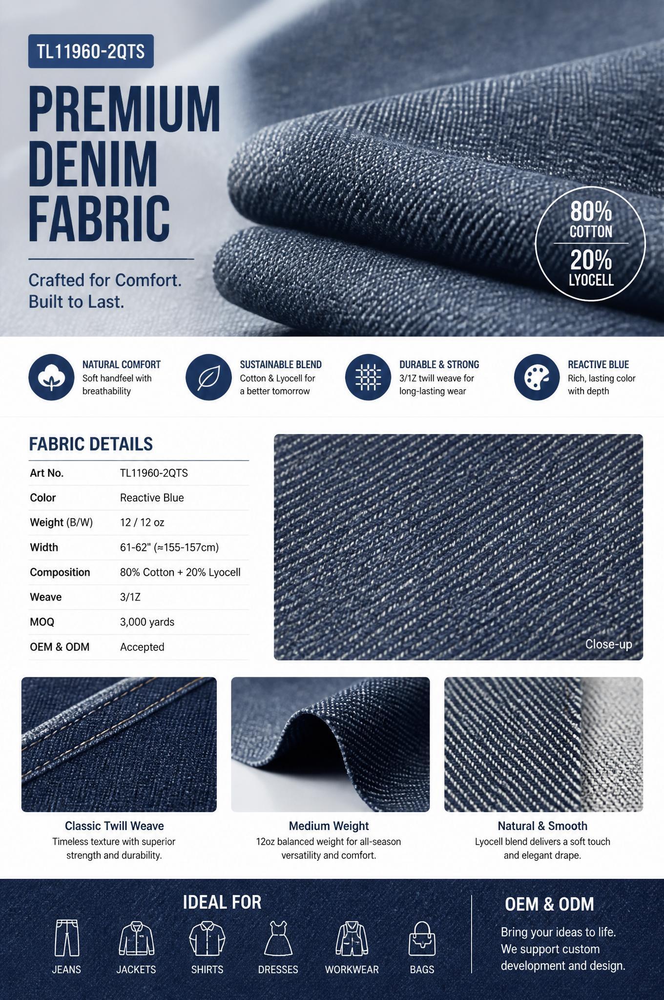 12oz Reactive Blue Cotton-Lyocell Mid-Heavy Denim for Classic Jeans & Casual Apparel