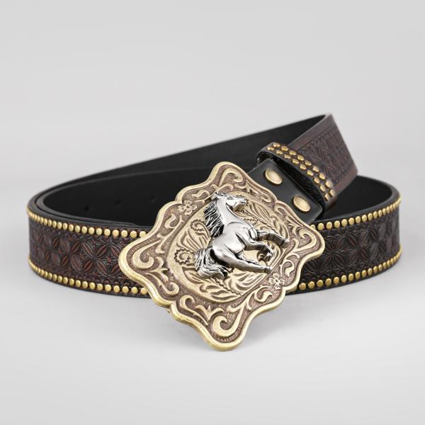 Unisex Vintage Cow Head Embossed PU Leather Belt with Buckle Fastening Western Rivet Belt