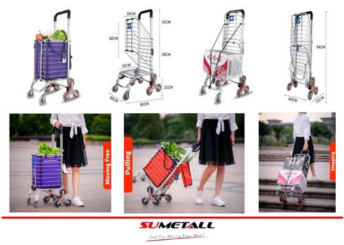 Aluminum folding shopping cart with stair climbing wheels for personal in supermarket, grocery store and farmer markets