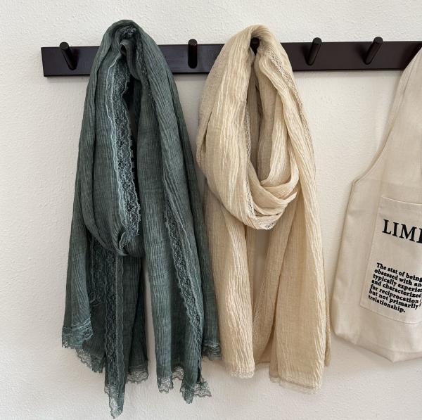 Y-Z Luxury Shawl Scarf Women Korean Lace Embroidery Plain Color Cotton and Linen Scarf Sunscreen Scarves