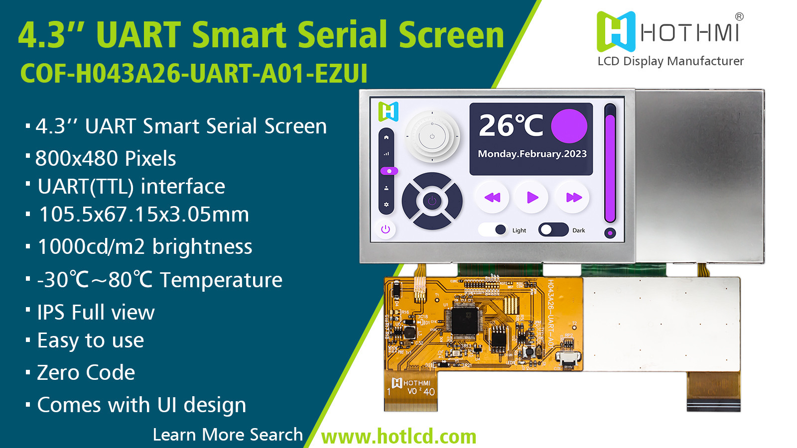 4,3 солнечный свет экрана дисплея дюйма умный серийный 800x480 UART TFT читаемый