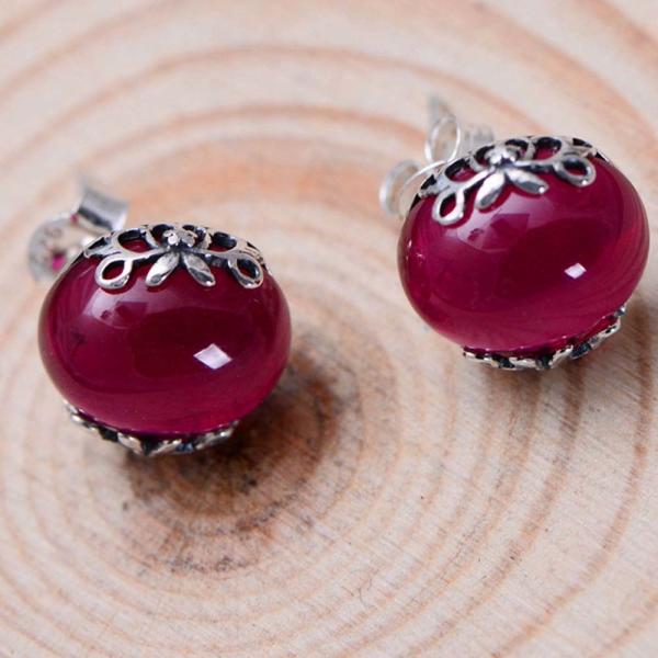 Sterling Silver Retro Style Oval Synthetic Ruby Stud Earrings (046690)