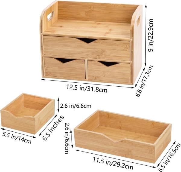 3-Tier Bamboo Desk Organizer, Mini Bamboo Desk Drawer Tabletop Storage Box Countertop Organization - Office, Makeup Vanity