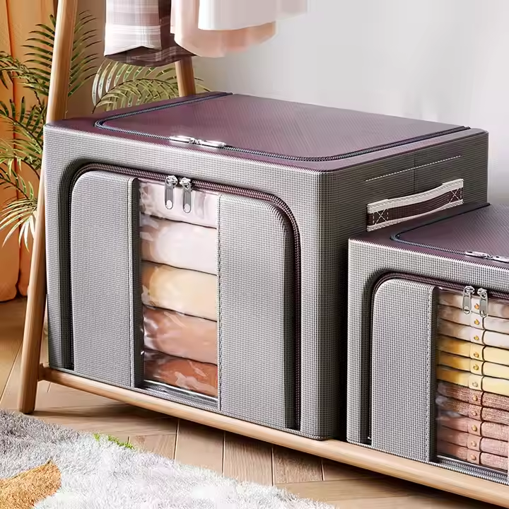 Wholesale Custom Large Capacity Foldable Bedding Storage Box Stackable Steel Frame Fabric Storage Box