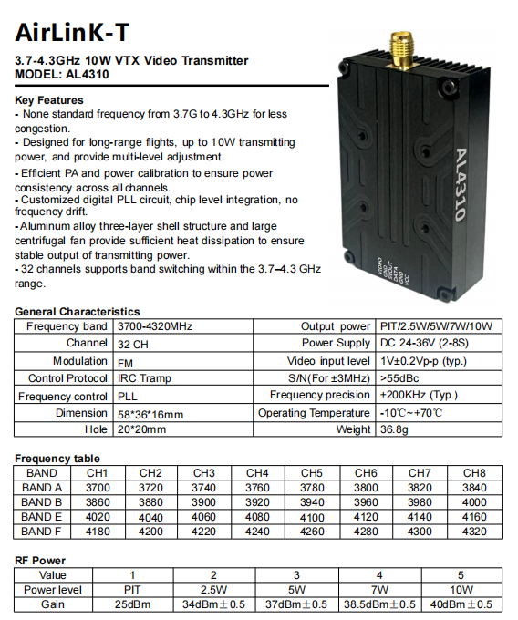 AirLinK-T AL4310 3.7-4.3 GHz FPV VTX 10W 80CH Long Range Video Transmitter