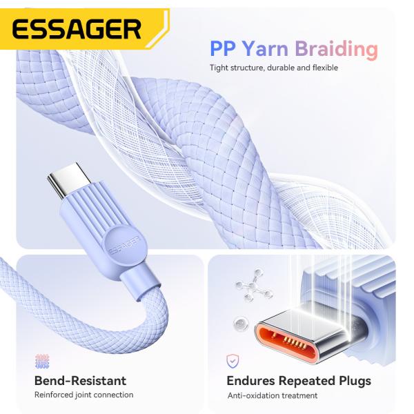 ESSAGER ES-X73 3A PD 60W Type C Fast Charging Data Cable, 1M 2M Colorful Braided Cables