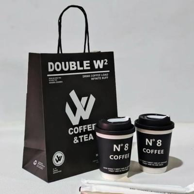 Embalagem de entrega de alimentos Bolsa de papel Kraft com seu próprio logotipo e alça de comprimento de mão