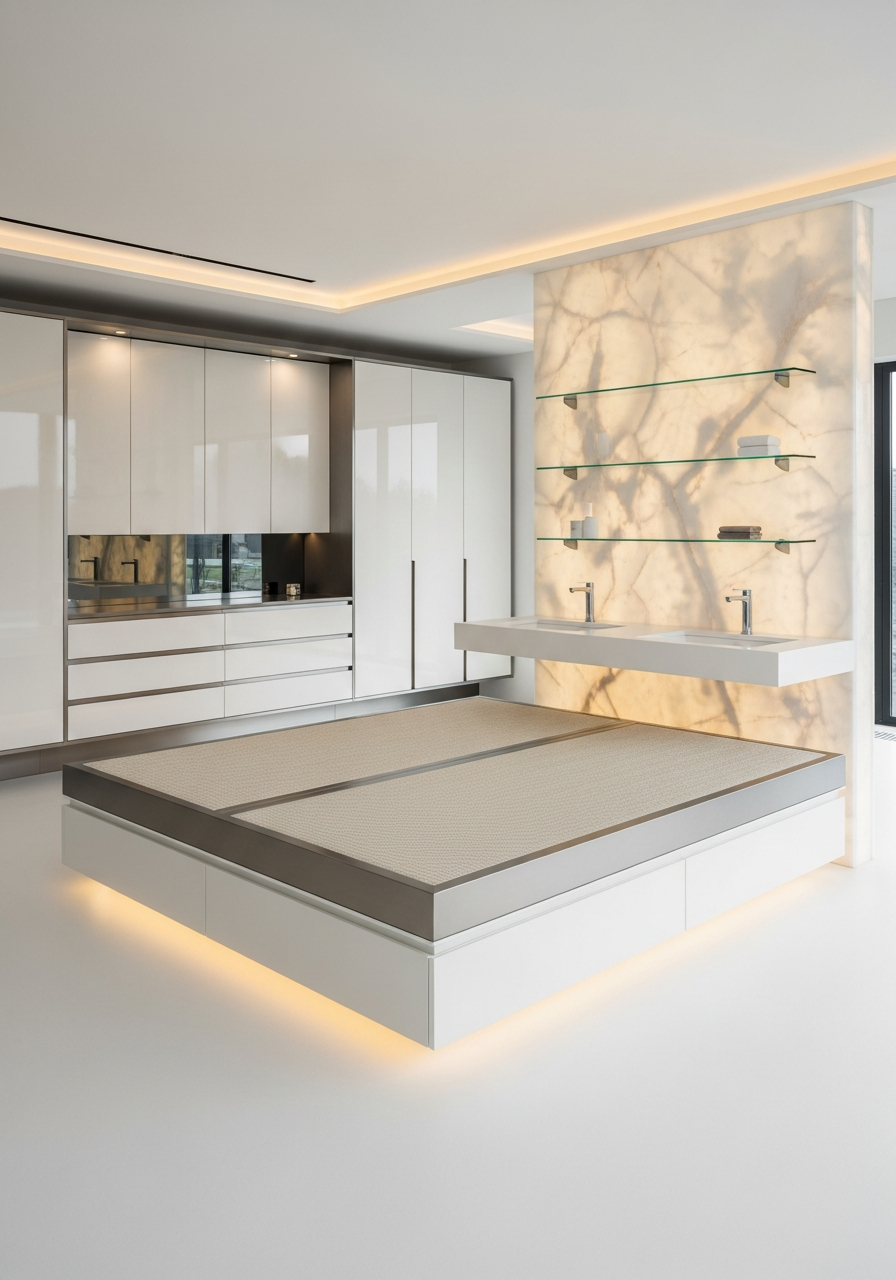 Floating Platform Tatami Bed in 304 Stainless Steel with Pearl Nano-Finish