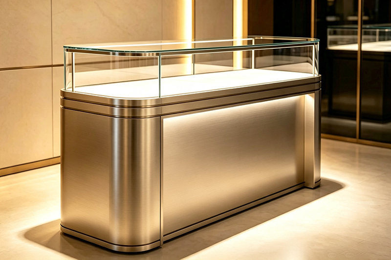 Custom Curved Tempered Glass Stainless Steel Jewelry Display Counter with Lockable Storage for Luxury Jewelry Stores