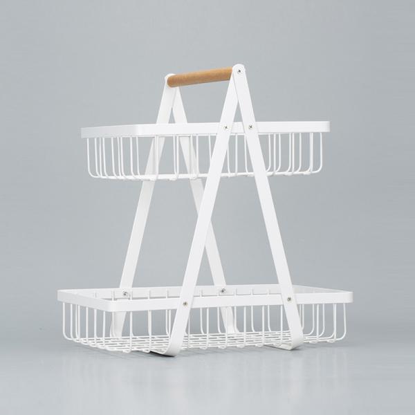 Countertop Wood Handle Iron 2 Tier Wire Fruit Basket For Kitchen Organization