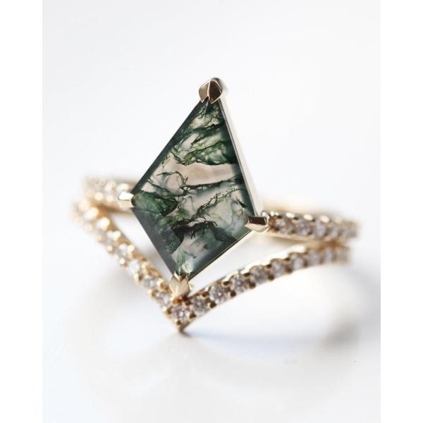 Or de Ring Set For Women In d'engagement de Moss Agate Modern Prism Shape