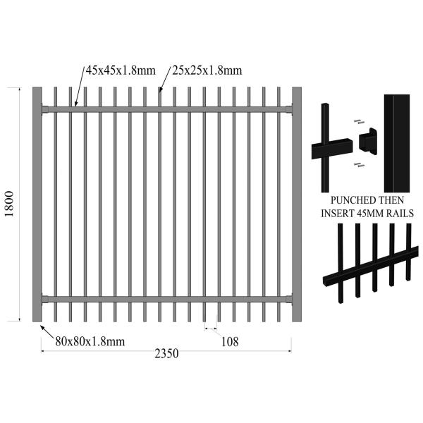 Stain Black Garrison Security Fencing Panels Australia Sydney Standard 2100mmx2400mm Width Rail 40mm /45mm Crimped Spear