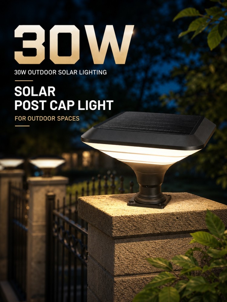 30W Solar Post Top Lights IP65 Waterproof Warm White Pillar Lamp for Landscape Lighting