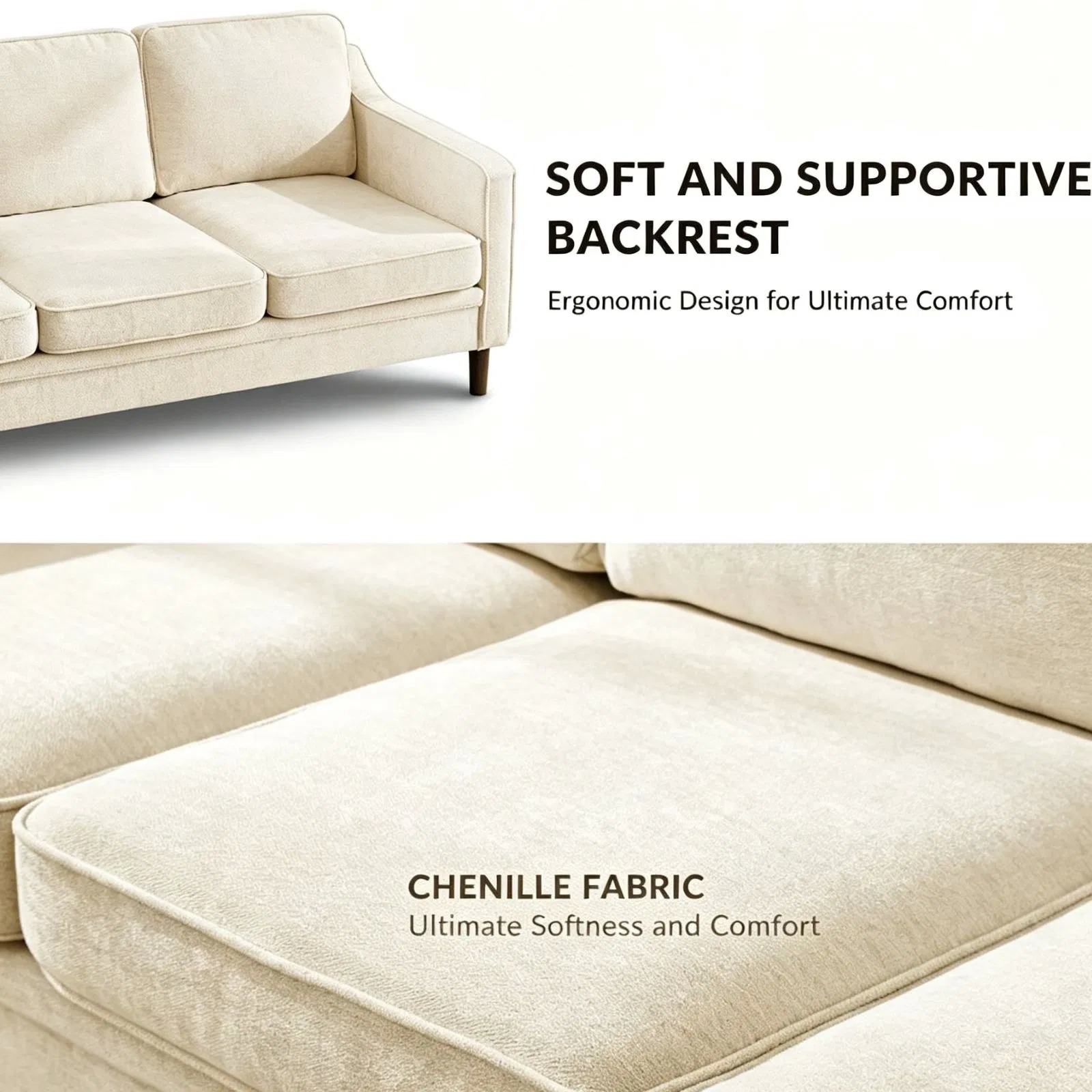 Classic Cream Fabric Three Seater Sofa for Cottage Living Room Warm Interior Space Building