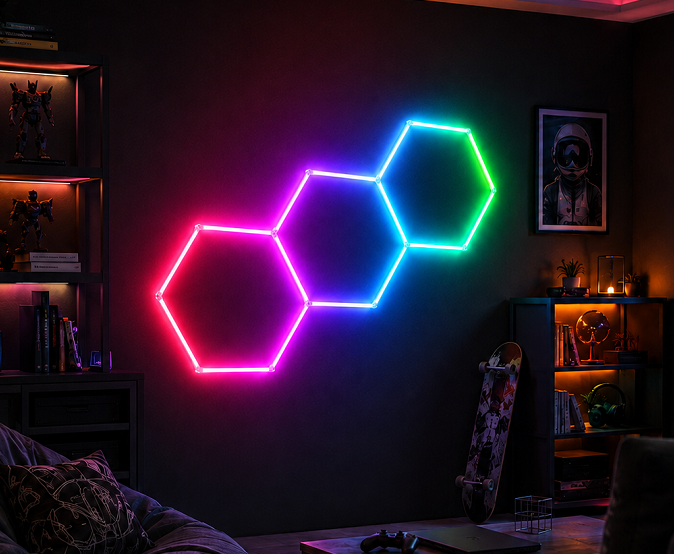 Connectable Honeycomb Modular RGB LED Hexagonal Light System Designed for Garage Gym Workshop and Office Ceiling Lighting Needs