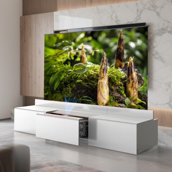 Meuble TV laser motorisé blanc 100V - 240V, meuble TV coulissant pour la projection de projecteur UST