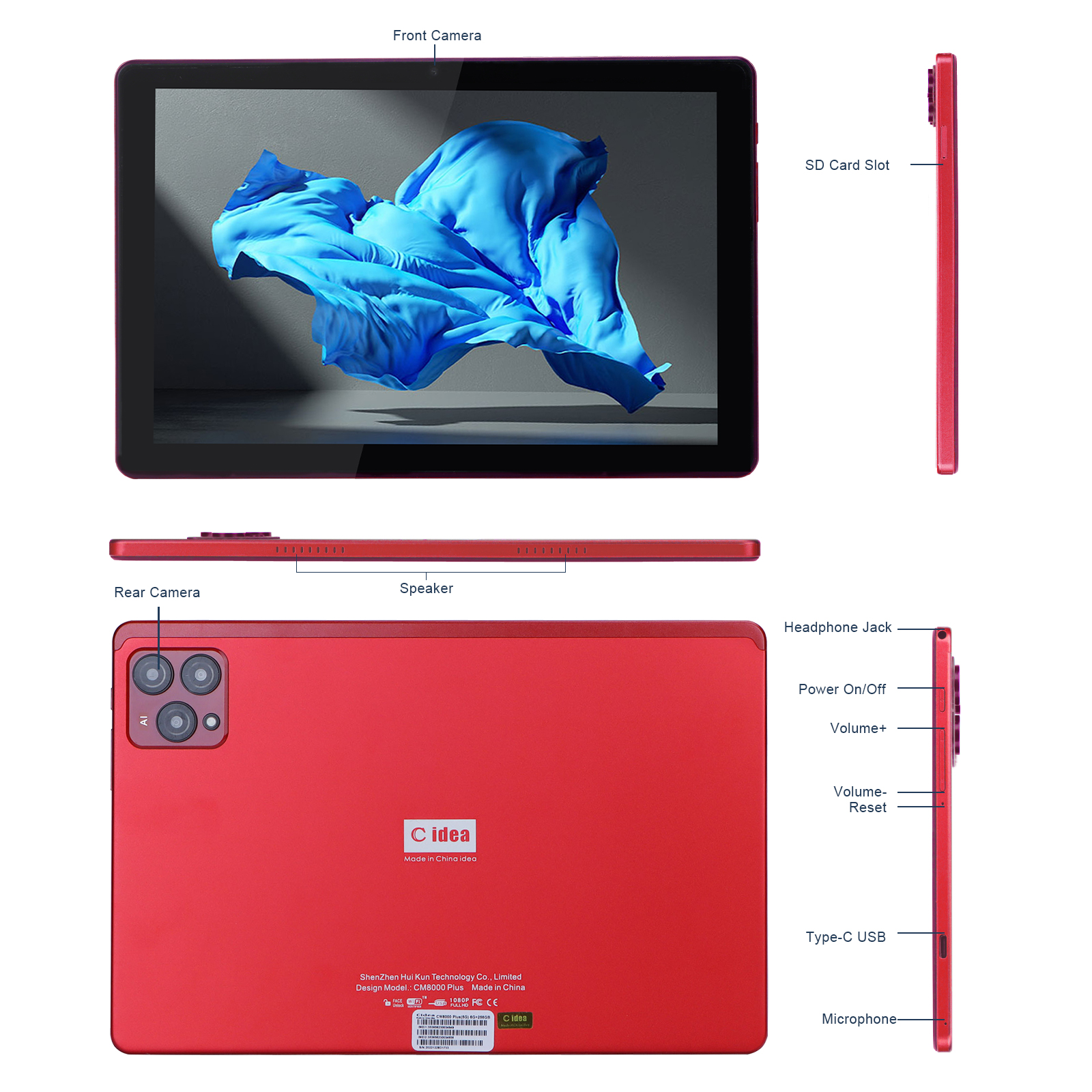 C Idea 10 дюймовый Android 12 Tablet 8 ГБ оперативной памяти 256 ГБ ROM Модель CM8000PLUS Красный