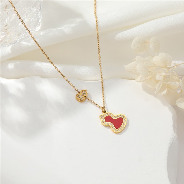18K Vacuum Electroplated Stainless Steel Women's Necklace Micropaved Zircon Double Gourd Necklace Stainless Steel Jewelry