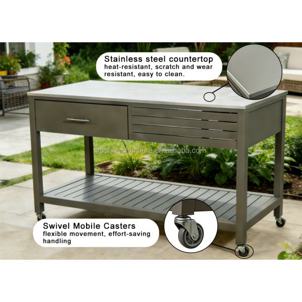 Hotel Heavy Duty Stainless Steel Kitchen Cart with Locking Wheels and Drawers for Poolside Grilling