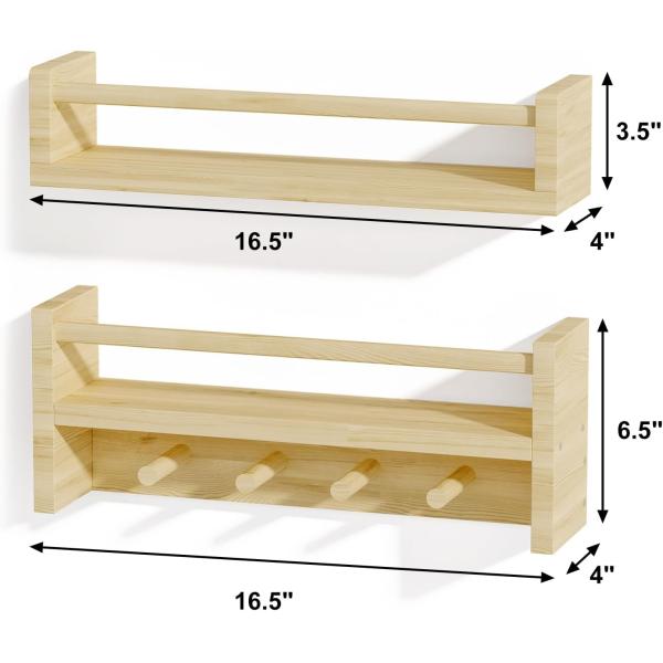 Wooden Hooks Bookshelf Natural Wood Wall Mounted Shelves for Nursery Decor Storage