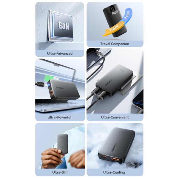 ESSAGER ES-CD46 Serie 65W 2 puertos GaN cargador de pared cargador súper rápido