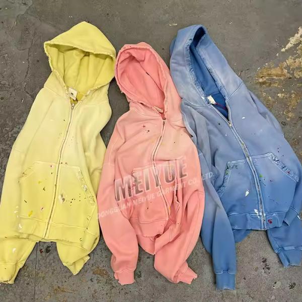 Custom Hoodie Drop Shoulder Acid Wash Vintage Distressed Embroidery Hoodie High Quality French Terry Hoodie