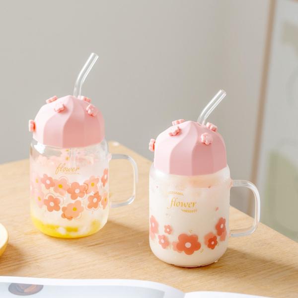 High Appearance Level Cherry Blossom Glass Cup With Straw Silicone Lid Cute Flower Girl Drinking Cup